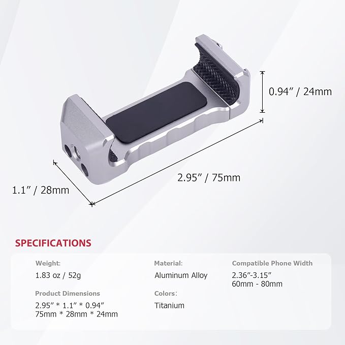 Came-TV Universal Aluminum Phone Clamp with Cold Shoe & 1/4" Threads – CNC-Machined Grip for 60-80mm Smartphones (Tripod/Mic/Light Mount) (61035)