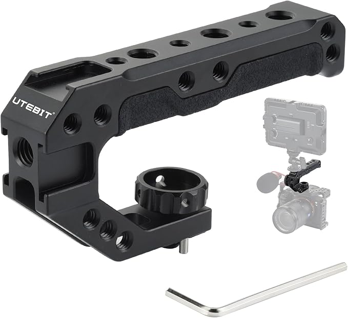 UTEBIT Camera Top Handle with 3/8" ARRI Locating Pins for Camera Cage, Universal Camera Grip Top Handle Lightweight, 1/4" Screw & 3 Cold Shoes Compatible with SmallRig Handles Camera Cages Video Rigs