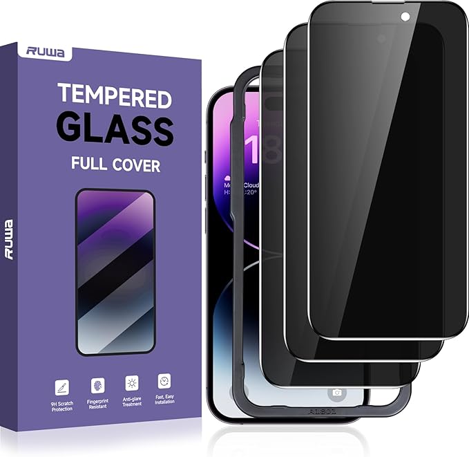 Ruwa Privacy Screen Protector for iPhone 14 Pro Max [3-Pack] [6.7 Inch] Display Tempered Glass Film with Easy Installation Alignment Frame, 9H Hardness, Scratch Resistant, Case Friendly, Full Coverage