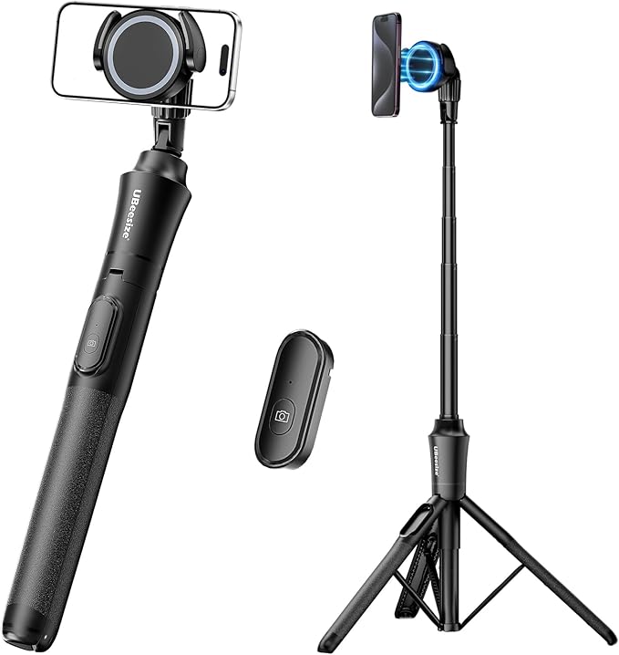 UBeesize 68'' Magnetic Selfie Stick Phone Tripod with Wireless Remote, Extendable Cell Phone Tripod Stand, Compatible with MagSafe, Cellphone Tripod for iPhone 17 16 15 14 13 12 and Android Phones