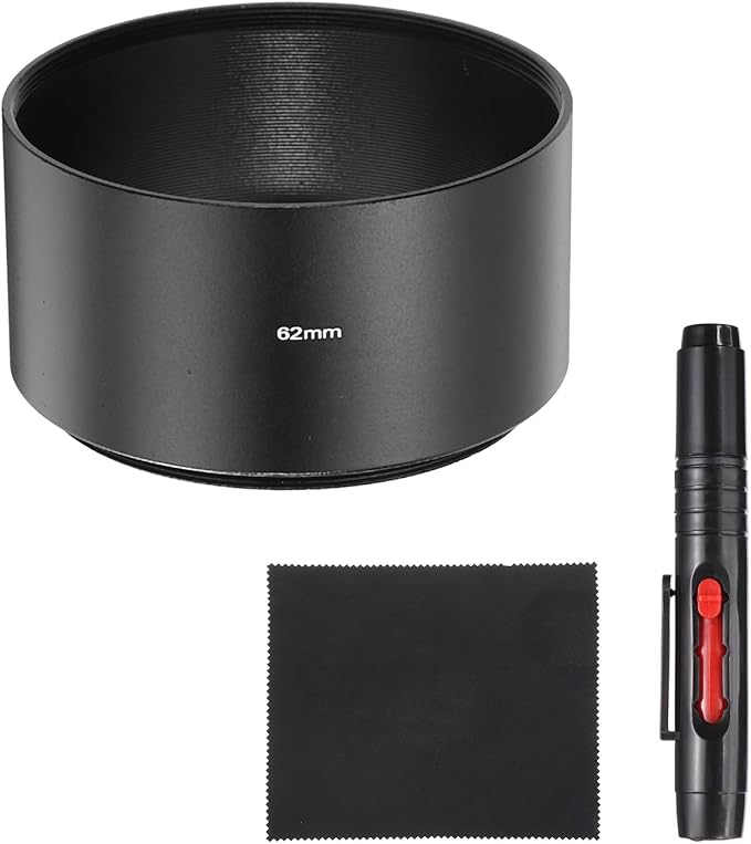 PATIKIL Lens Hood Shade, 62mm Long-Focus Mount Standard Screw-in Metal Camera Cap Shade with Cleaning Cloth and Cleaning Pen, Black