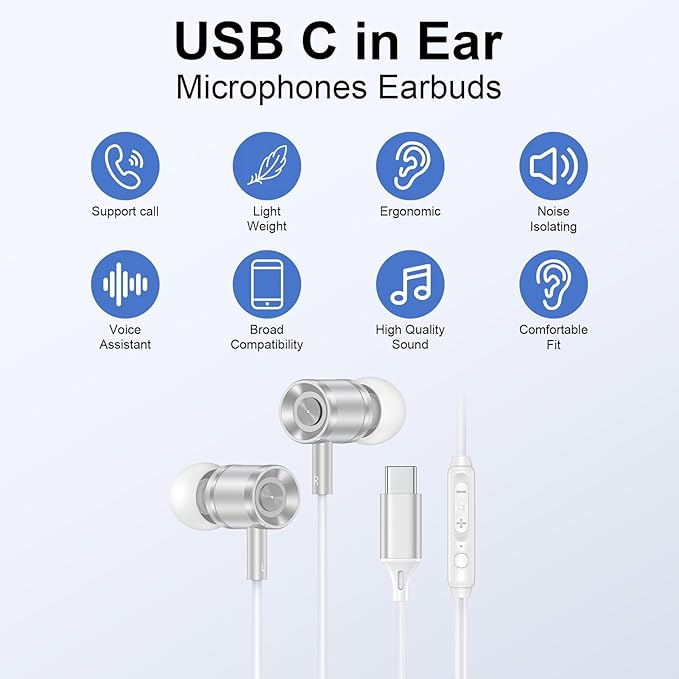 Wired Earbuds USB C Headphones for iPhone 17 Pro 17 Air 17 Pro Max 16e 16 Plus 16 Pro Max 16 Pro 15,Wired in-Ear Earphones USBC iPhone 17 Ear Buds with in-Line Microphone Call Control for Samsung S25