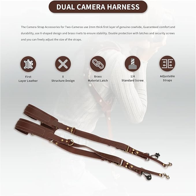 Gugxiom Double Camera Strap,Camera Shoulder Strap for Two Cameras,Adjustable Leather Double Camera Harness Brown