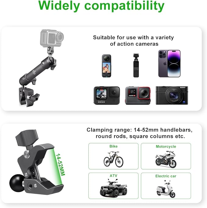 FANAUE Super Clamp Camera Mount Monitor Magic Arm Double Ball Head Adapter with 1/4"-20 Thread for Canon/Nikon/DSLR/Gopro/LED Lights/Insta360, Action Camera Can be Mounts on Bike Motorcycle Handlebar