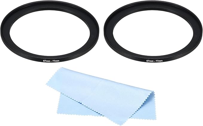 PATIKIL 67mm-77mm Metal Step Up Ring with Cleaning Cloth, 2 Pack Camera Lens Filter Adapter Ring Aluminum Filter Adapter Ring for Camera Lenses Hood, Black