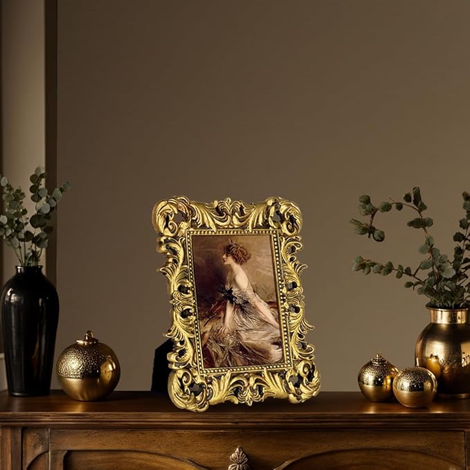 Gold Picture Frames 5x7 Vintage Gothic Ornate Antique Small Baroque Frame for Tabletop or Wall Display with Glass Front