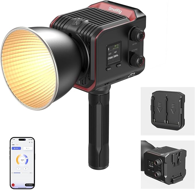 SmallRig RC 100B COB Video Light with Handle, 100W Bi-Color 2700K-6500K, Type-C Fast Charging, Built-in Battery Plate, App Control for Photography, Photo Studio, Mobile Version (Without Battery) 4894