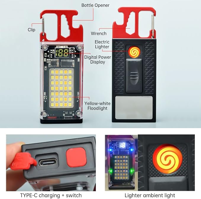 BY-J COB Keychain Work Light Flashlight, Multi-Function Mini Work Light, 8 Lighting Modes, 1000 Lumens Rechargeable, with Rechargeable, Portable Wrench, Fire Starter Function, Red