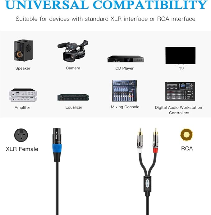 Unbalanced XLR Female to Dual RCA Y Splitter Breakout Cable, 1 XLR Female to 2 RCA Male Y Breakout Cable Adapter Cord, 10 Feet