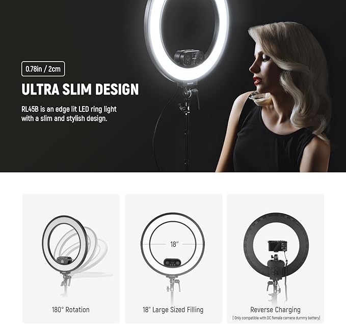 NEEWER 18 Inch Edge Lit Ring Light with Tripod Stand Phone Holder Compatible with iPhone for Video Recording Selfie Makeup Studio Streaming, 45W 2900-7000K APP 2.4G Control Ringlight Lighting, RL45B