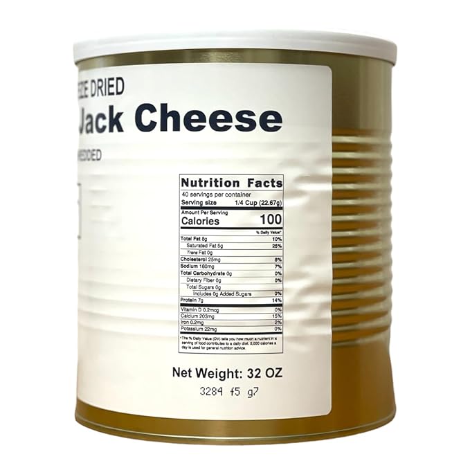Military Surplus Freeze-Dried Shredded Monterey Jack Cheese #10 Can – Emergency Food Supply | Long-Term Storage | 25+ Year Shelf Life | Survival, Camping, Hunting, Backpacking | Pack of 6 – 32 oz per Can