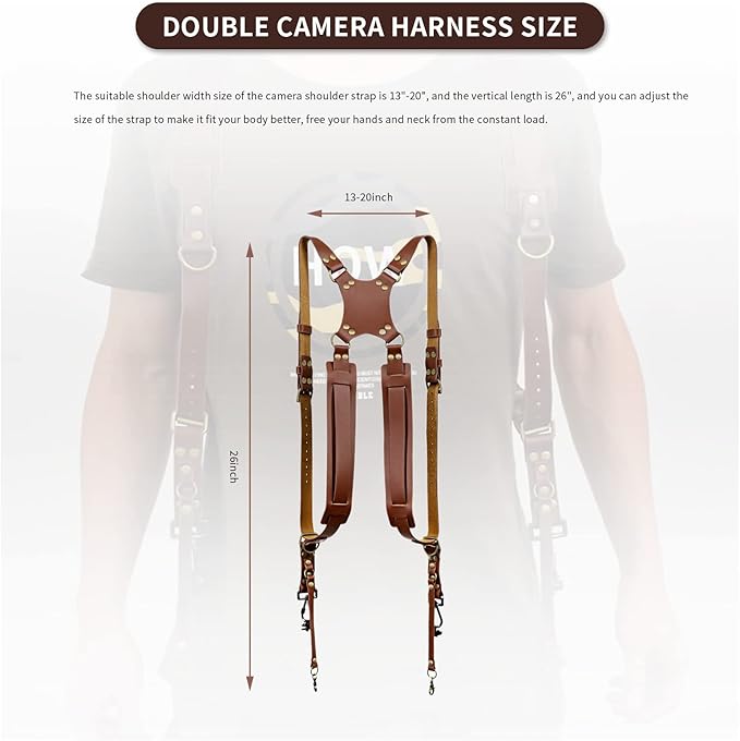 Gugxiom Double Camera Strap,Camera Shoulder Strap for Two Cameras,Adjustable Leather Double Camera Harness Brown