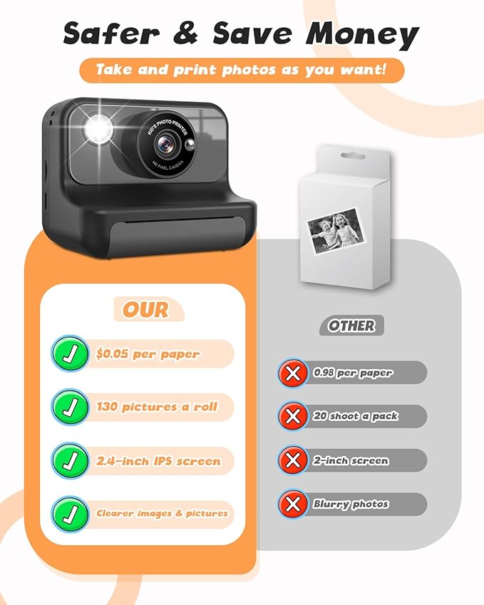 Instant Print Camera for Kids, 1080P Digital Video Cameras, Christmas Birthday Gifts Toys for Age 3-12, Toddler Camera for 4 5 6 7 8 9 10 Year Old Boys - Black
