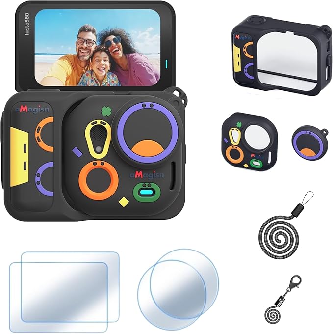 aMagisn Silicone Protective Case for Insta 360 GO Ultra with 2Pcs HD Tempered Glass Screen Protectors and 2 Lens Films, Shockproof Anti-Scratch Full Body Skin for Insta360 GO Ultra Camera Accessories