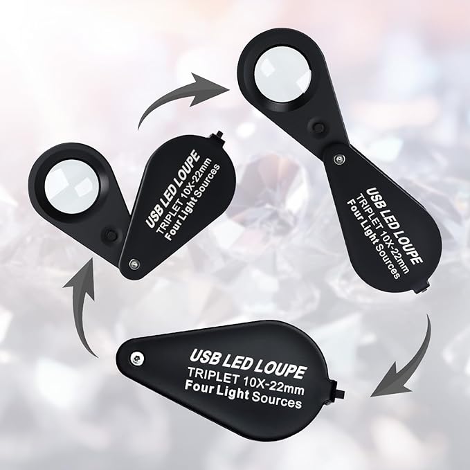 10X Jewelers Loupe with UV & LED Lights with Four Light Modes,22mm Portable Pocket Folable Loupe Jewelry Magnifier for Jewelry, Rocks, Coins (Black)