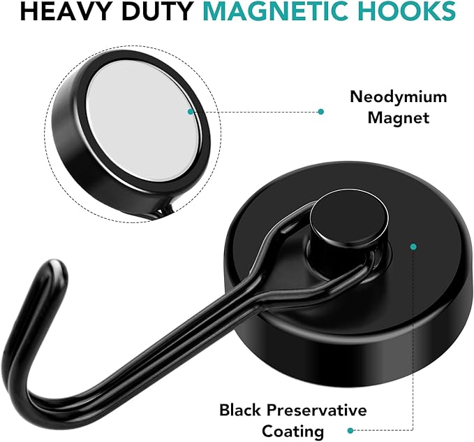 DIYMAG Black Magnetic Hooks 120LBS Strong Magnetics Heavy Duty 2026 Cruise Ship Essentials Magnets with Metal Hook for Hanging Refrigerator Home Kitchen Office, 8Pack