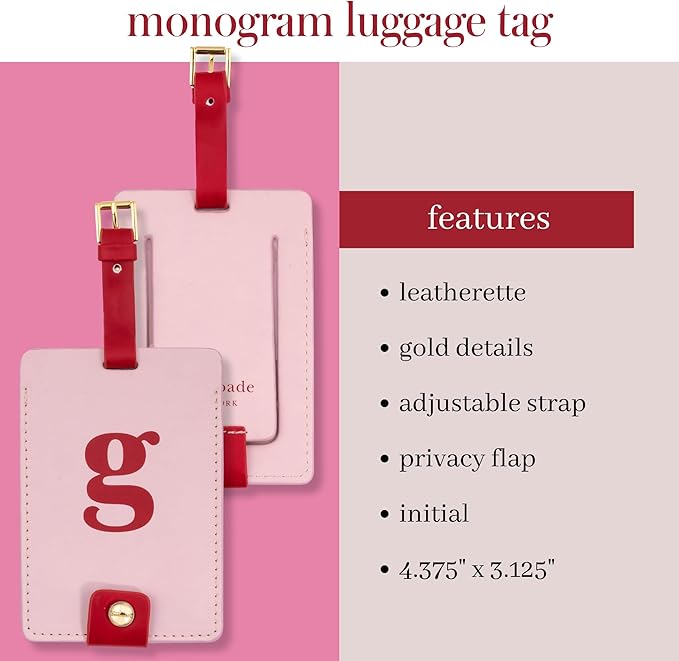Kate Spade New York Leatherette Luggage Tag with Secure Strap, Colorful Suitcase Identifier for Travel, Monogram Bag Tag ID (G) (Pack of 2)