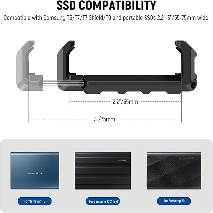 Neewer T5 T7 T9 SSD Holder Mount Bracket for iPhone 16 15 Pro Max Phone Cage PA023 PA024, 2.2"-3"/55-75mm SSD Clamp Compatible with Samsung with 1/4" Screw Anti Twist Bevel Edge, Cold Shoe, UA051