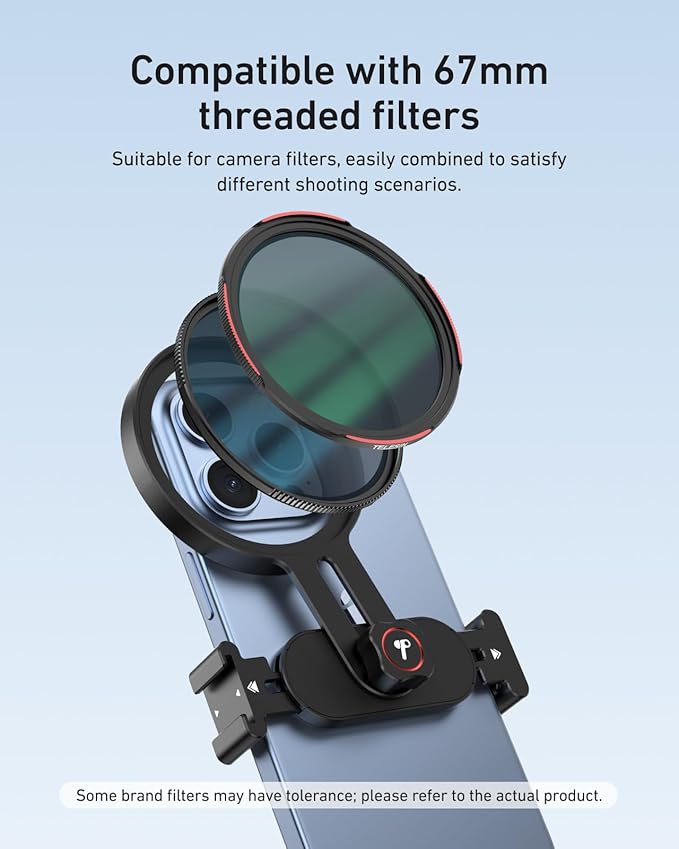 TELESIN Universal Phone Filter Mount for 67mm DSLR Filters, Clip-On Holder with Cold Shoe & 1/4" Thread, Lightweight for Travel & Vlogging, for iPhone 16 15 Pro Max, Samsung S24 Ultra, Pixel and More