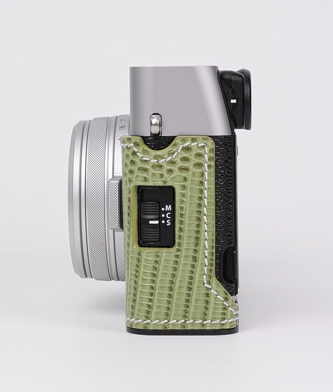 Handmade Genuine Leather Camera Half Case for Fujifilm X100VI - Top Layer Cowhide Body + Metal Base Plate - Hand Shank Free Design (Green 1)