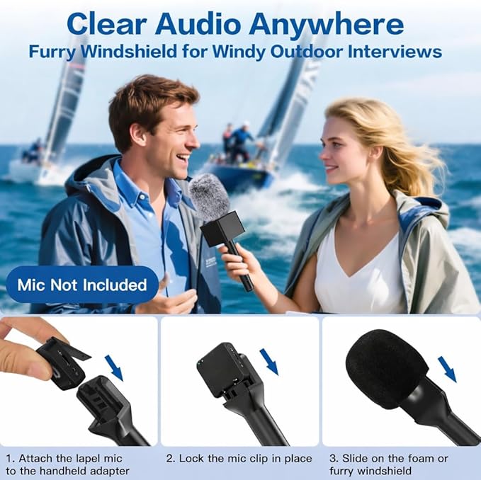 ZealSound Handheld Interview Microphone Adapter, Wireless Lavalier Transmitter Handle with Flag, Furry Windscreen & Foam, Compatible with DJI Mic Mini/Mic 2/3, Rode Wireless GO 2/3, Hollyland, BOYA
