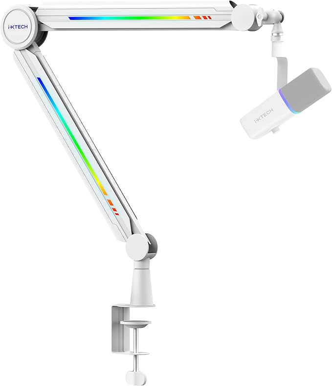 IXTECH RGB Mic Boom Arm High Profile, Overhead Boom Arm Microphone Stand Desk Mount, Adjustable Microphone Stand with Desk Mount, Mic Arm for Live Streaming Gaming Podcasting Recording.