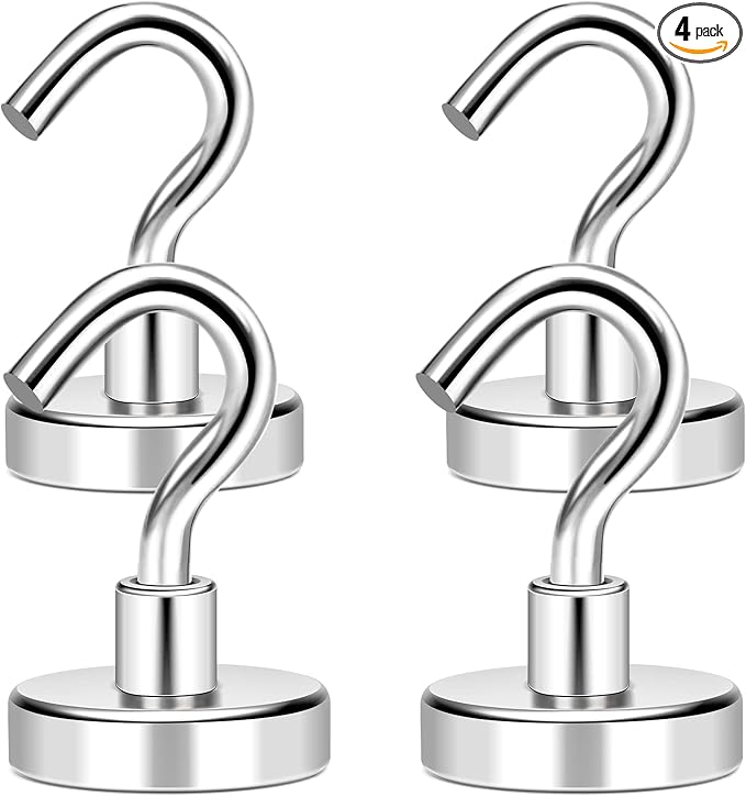 MIKEDE Magnetic Hooks, 50Lbs+ Heavy Duty Magnet Hooks for Cruise Cabins, Super Neodymium Hanging Hooks Strong Magnets with Hook for Fridge, Magnetic Hanger for Grill, Toolbox, Storage, Pack of 4