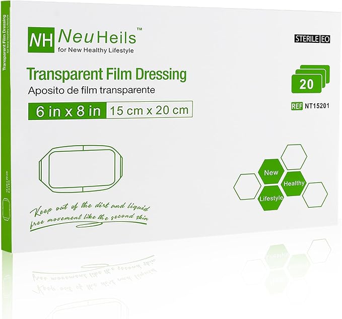 NeuHeils Transparent Film Dressing, Size 6''x8'', 20 Packs, Tattoo Aftercare Bandages, Large Waterproof Wound Cover Patch, Post Surgical Shower Shiled, IV Shield, PICC Catheter Shower Cover