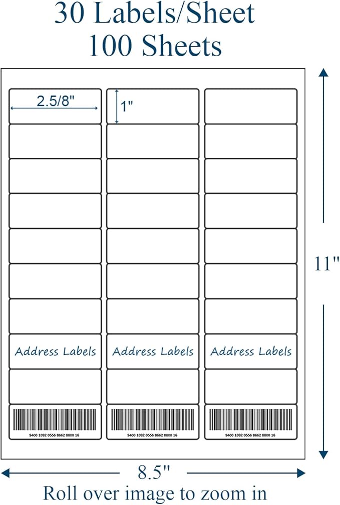 1" x 2-5/8" Address Labels, 3000 Labels(100 Sheets)- for Laser/Inkjet Printer, Sticker Paper White 30 per Sheet