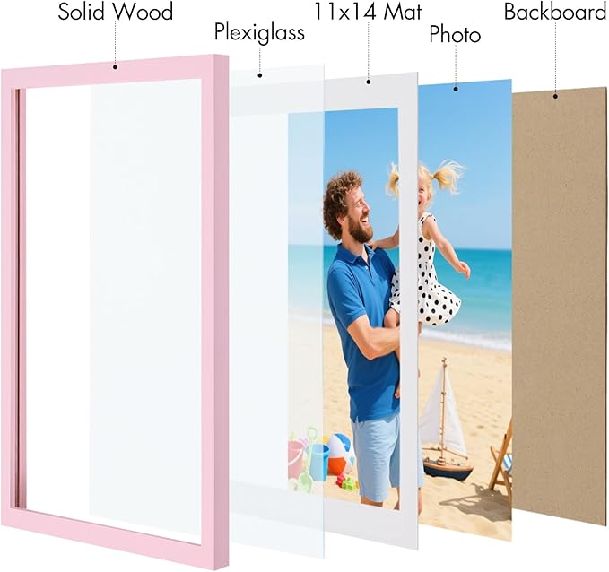 Vittanly 12x16 Picture Frame, Made of Solid Wood and Shatterproof Plexiglass, Display Pictures 11x14 with Mat or 12x16 without Mat, Wooden Photo Frame for Wall Mounting, Pink, 1 Pack