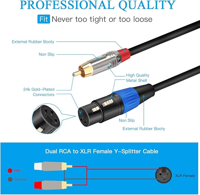 Unbalanced XLR Female to Dual RCA Y Splitter Breakout Cable, 1 XLR Female to 2 RCA Male Y Breakout Cable Adapter Cord, 10 Feet