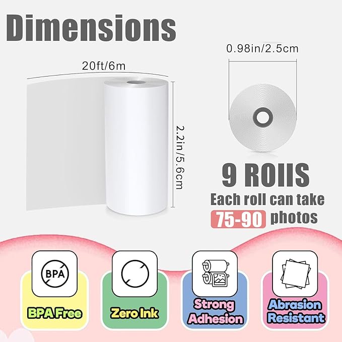 9 Rolls Instant Print Camera for Kids Refill Print Paper - Thermal Print Paper Rolls Photo Print HD Printing for Most Kids Instant Camera - Paper Only