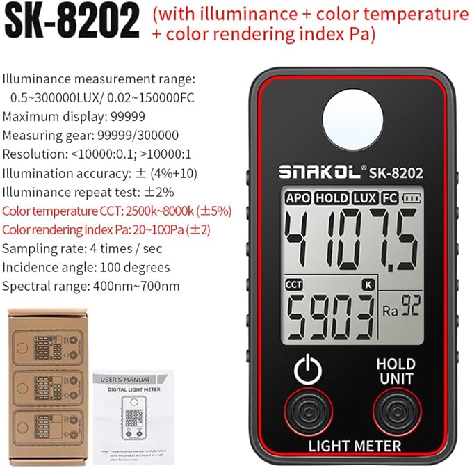 BSEWO Illuminance Meter,Color Temperature Tester High Precise Illuminance Meter 0.5-300000LUX LED Illumination Test Meter Photographic Luminance Measuring Device