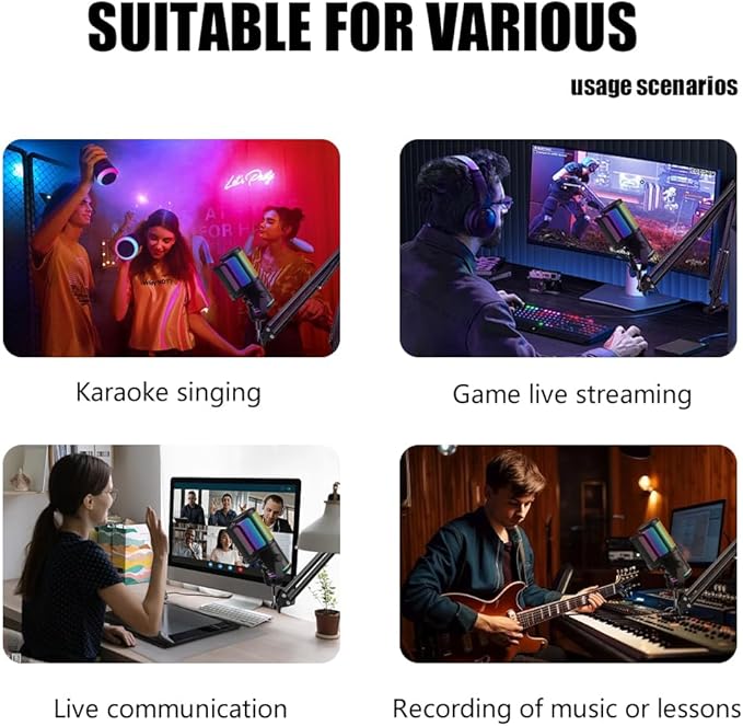 USB Gaming Microphone with Boom Arm - PC Mic for Streaming, Podcasting, Vocal Recording - RGB Condenser Kit with Noise Cancellation, Monitor Mix Knob, Mute Button & Pop Filter for Content Creator