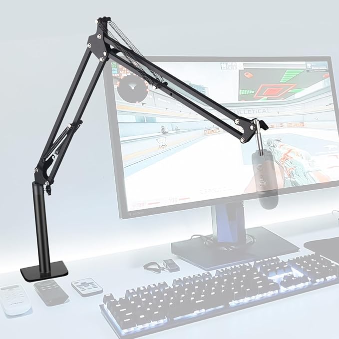 Microphone Stand Mic Boom Arm for Blue Yeti HyperX QuadCast SoloCast Yeti Nano Snowball SM7B Q2U Fifine K669B and Other Mics, Overhead Mic Stand Desk Boom Arm with 5/8" 1/4" Adapter