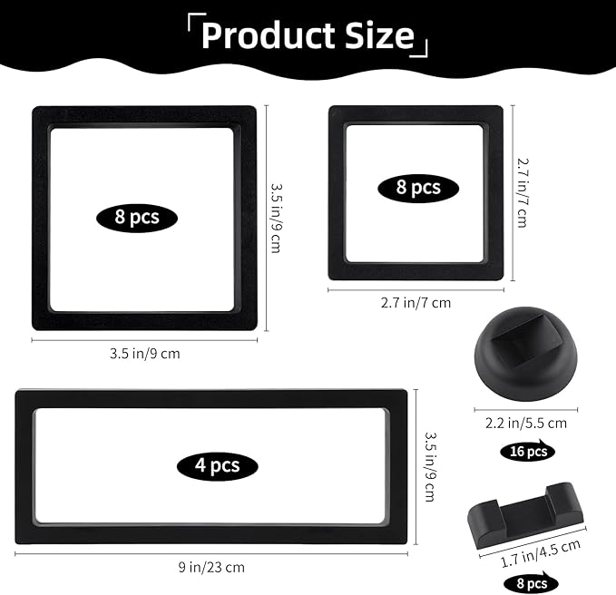 20 Pack 3D Black Floating Display Case with Bases, 3 Sizes Challenge Coin Display Holder, Transparent PE Jewelry Storage Box for Medallions, Jewelry, Coins, Sea Shell Collectibles