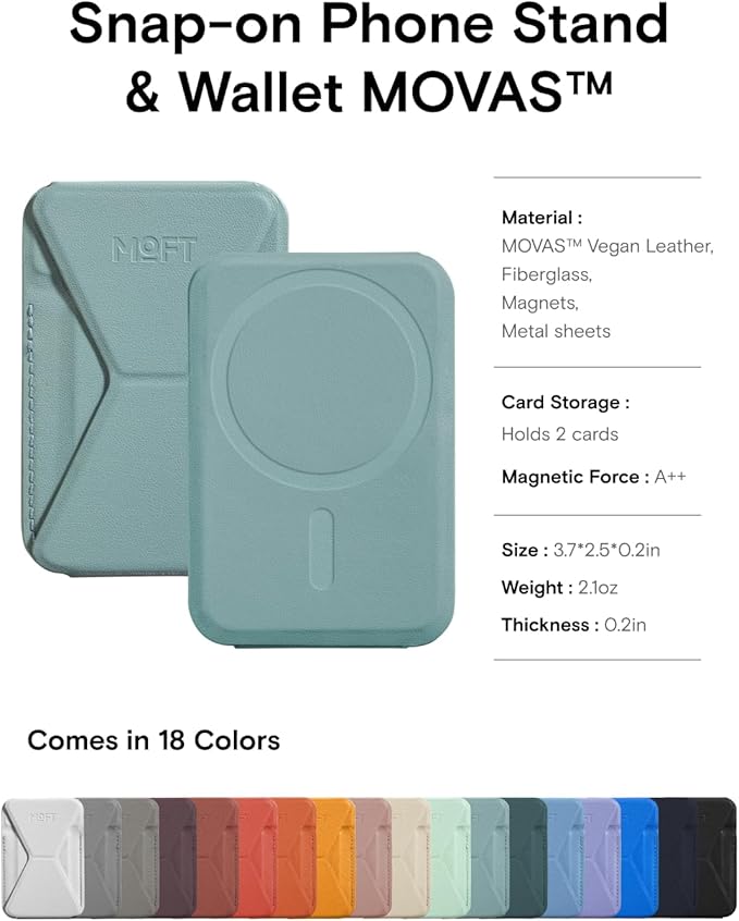 MOFT MagSafe Wallet for iPhone 15/14/13/12 Series, Strong Magnetic Phone Card Holder Fit 2 Cards & 3 Viewing Angles & Stain-Resistant Vegan Leather Phone Stand, Seafoam