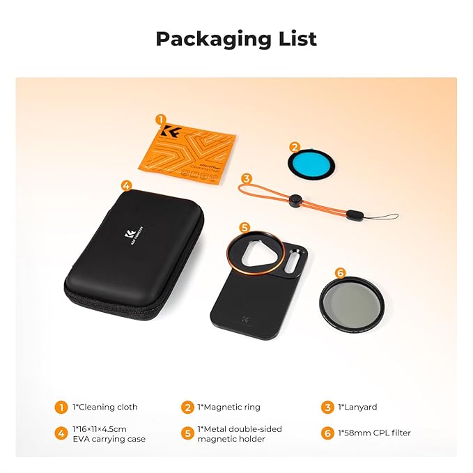 K&F CONCEPT Double-Sided Magnetic Lens Filter Mount Adapter with 58mm CPL Filter, Compatible with iPhone 17 Pro and 58mm Threaded Filters, CPL Filter Compatible with iPhone Camera Lens