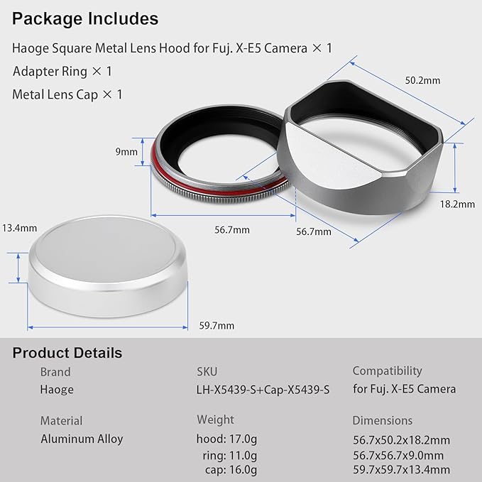 Haoge Squaret Metal Lens Hood for Fujifilm XF23mm F2.8 on XE5 Cemera Body kit Fujinon XF27mmF2.8 R WR Lense 39mm Screw-in Hood Silver,with Metal Cap