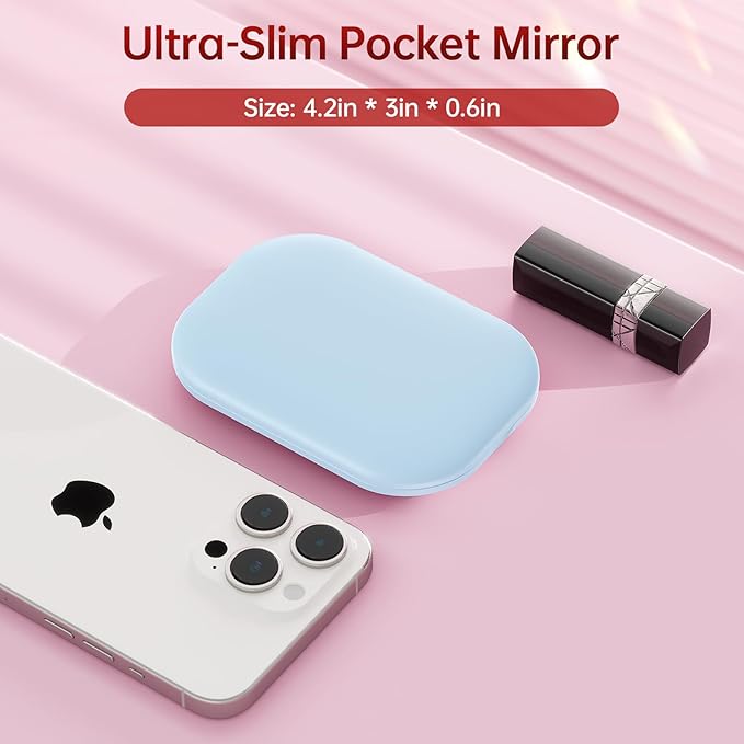 Benbilry Lighted Compact Travel Mirror with 3 Color Lights, 1X/3X Magnifying Ultra Slim Rechargeable Pocket Mirror for Purse, 2-Sided, Handheld, Folding, Portable, Blue