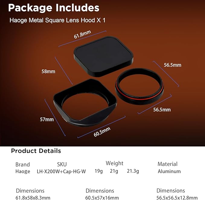 Haoge LH-X200B Square Metal Lens Hood with 49mm Adapter Ring Metal Cap for Fujifilm X100VI x-100vi x100v x100f x100t x100s Fuji Photo Camera Accessories Black