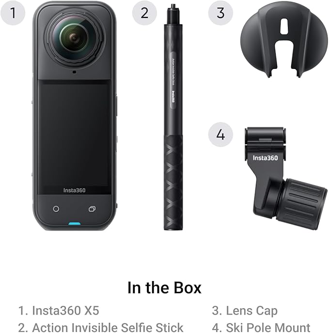Insta360 X5 Ski Bundle - Waterproof 8K 360 Camera, Invisible Selfie Stick Effect, Leading Low Light, Rugged & Replaceable Lens, 3-Hour Battery, Clear Audio, Stabilization