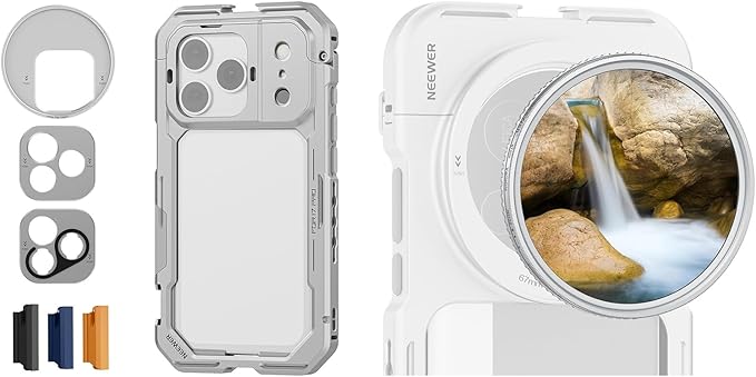 NEEWER PA144 (Silver) Phone Cage for iPhone 17 Pro Max + 67mm Variable ND Filter (ND2-32), Quick Release Video Rig Stabilizer Accessories with Filter Ring, Lens Backplate, T Mount, Camera Control Caps