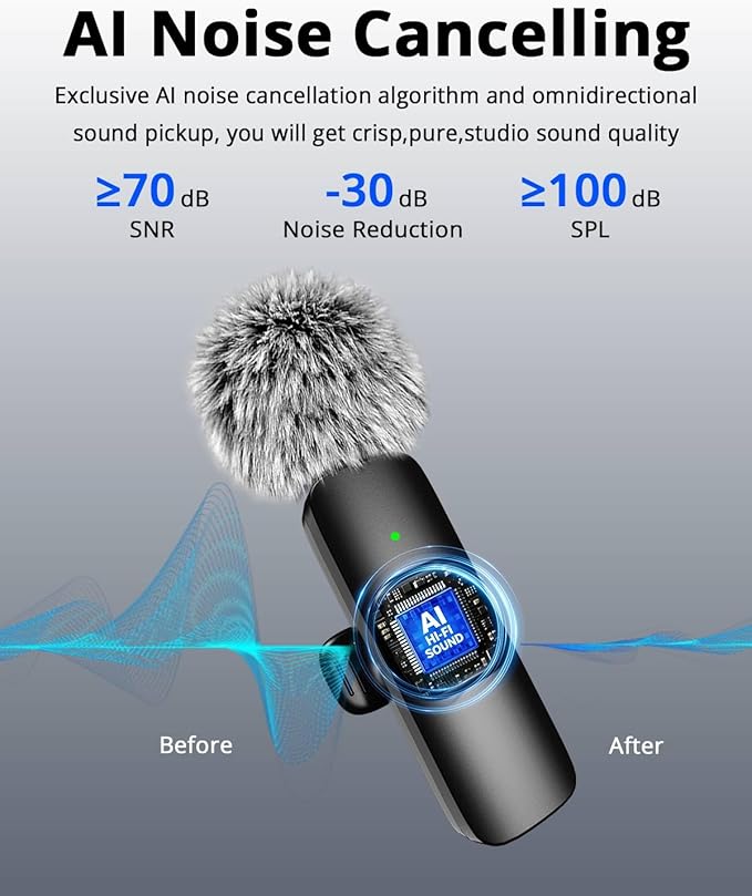 Wireless Lavalier Microphone for iPhone - Android, iPad, Tablets, Bluetooth Mini Microphone with Noise Canceling,82FT Transmission,6H Battery Life, Professional Lapel Mic for Video Recording