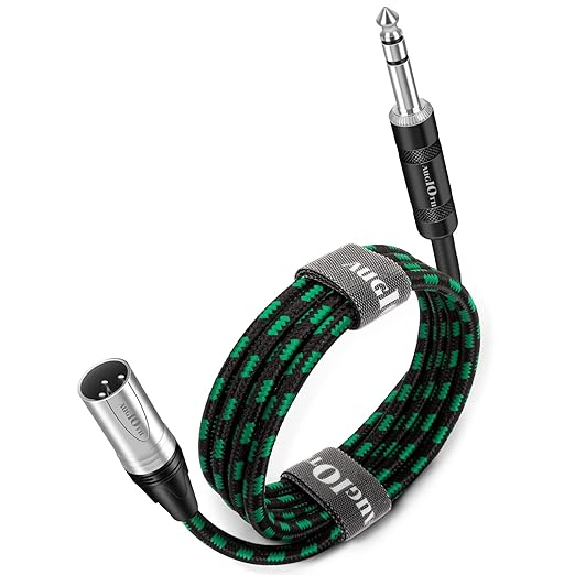 10ft Green-Black Braided XLR Male to 1/4 TRS Audio Cable for Microphones, Amplifier, Mixer, Speaker Systems