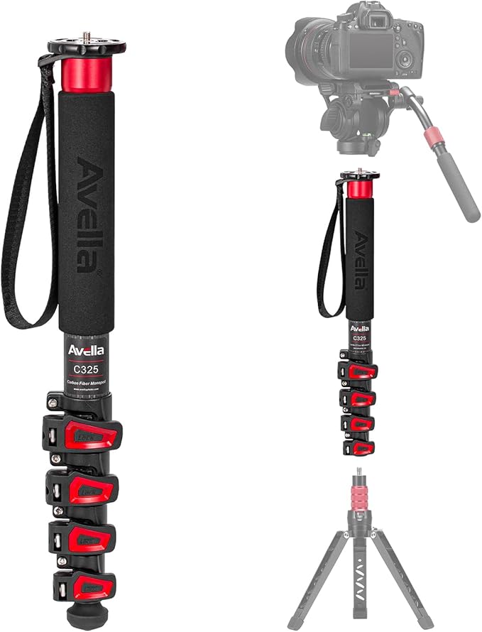Avella C325 58 Inch Carbon Fiber Camera Monopod Professional Telescopic Monopods for Canon Nikon Sony Olympus Panasonic DSLR Camera Black