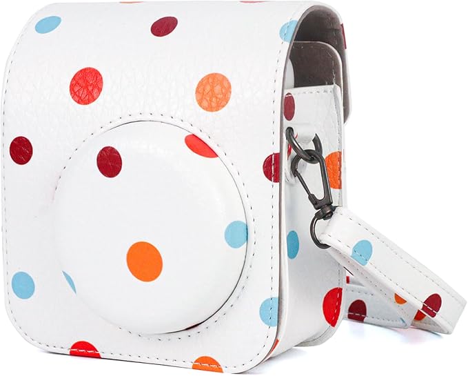 Frankmate Protective Case Fit for Fujifilm Instax Mini 12 11 9 8 Camera, PU Leather Camera Bag with Pocket and Adjustable Shoulder Strap (Polka Dot)