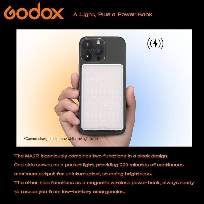 Godox MA5R Full-Color LED Light, Magnetic Selfie Light, CRI95 TLCI97, CCT 1800K–10000K, 14 FX Modes, HSI & GM Adjustment, NFC/Bluetooth Control, 0–100% Dimming, for YouTube/TikTok