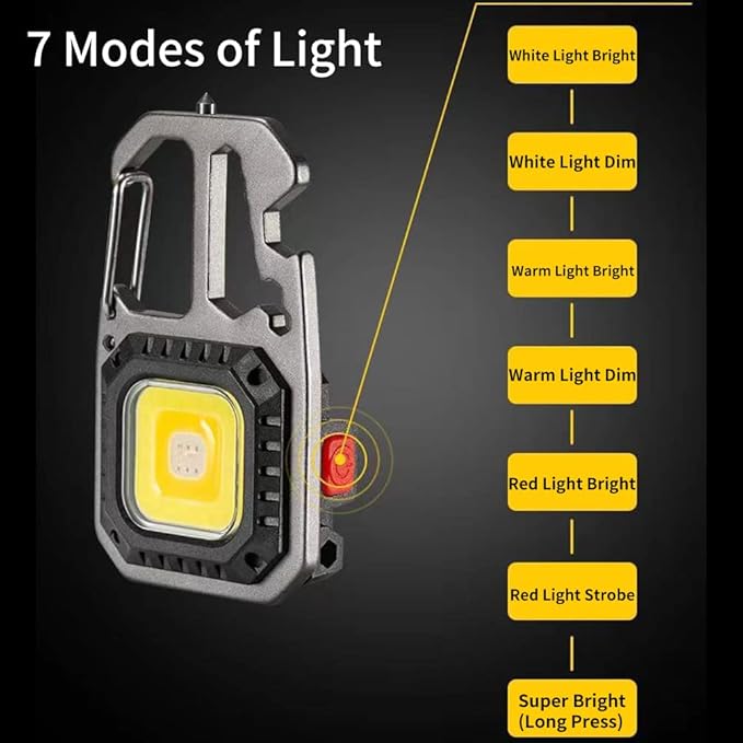 BY-J Cob Mini Flashlight Keychain Light, 500 Lumens Bright Rechargeable, Small Multi-Function Work Light, 7 Modes Portable Pocket Light Battery Display Bottle Opener for Camping Emergency Lighting