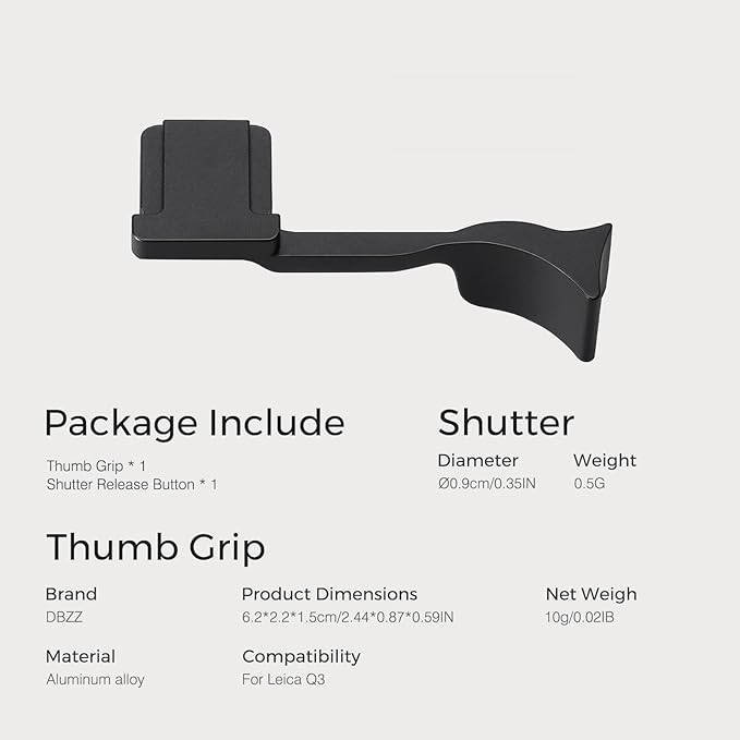 Metal Thumb Grip with Hot Shoe Cover for Leica Q3, Q3 (43) Camera Hot Shoe Thumb Hand Grip Photography Accessories (Black)